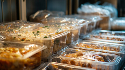 Obraz premium Rows of plastic containers filled with prepared food ready for takeout or delivery service displayed