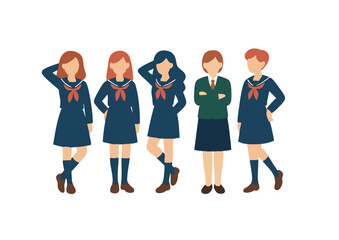 Obraz premium シンプルなデフォルメ女子学生のイラストセット