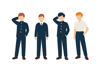 シンプルなデフォルメ男子学生のイラストセット,学生服