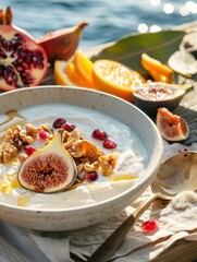 Greek breakfast of yogurt with honey and nuts complemented by fresh fruits near the sea in bright morning light