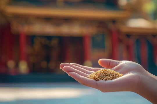 Hand holds grains symbolizing offerings during spiritual ceremon