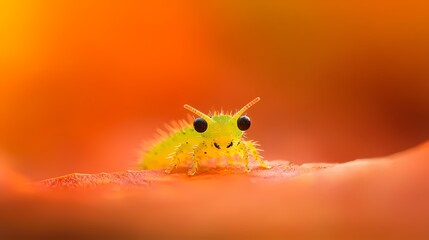 Cute Green Insect Macro, Close up of an adorable green insect on an orange background.