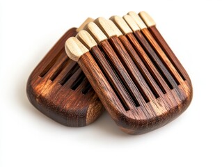 Two Dark Brown Wooden Combs with Light Brown Accents on White Background