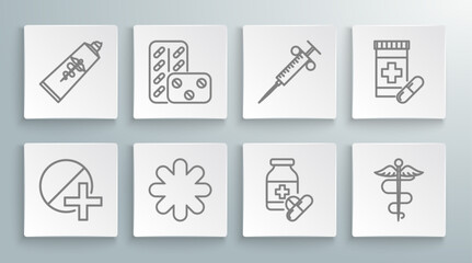Set line Medicine pill or tablet, Pills blister pack, Cross hospital medical, bottle and pills, Caduceus snake symbol, Syringe, and Ointment cream tube medicine icon. Vector