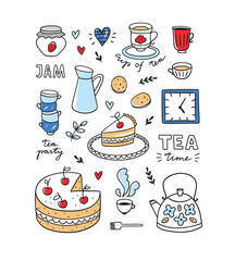 Tea and coffee vector illustrations. Hand drawn cups, teapot, desserts, cake on white background