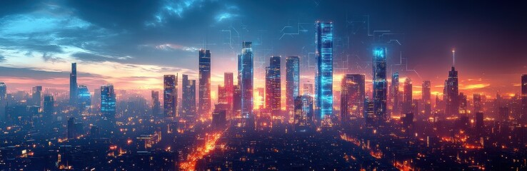 Fototapeta premium Cyberpunk Cityscape Night Technology Network Concept with Abstract City Skyline and Digital Connectivity