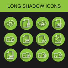 Fototapeta premium Set line PSD file document, Add new folder, Cloud download, Delete, Document with minus, DOC, Next page arrow and and check mark icon. Vector