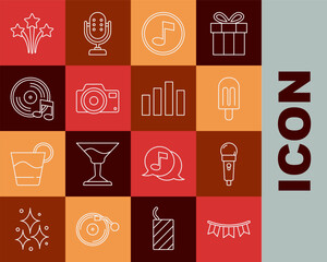 Set line Carnival garland with flags, Microphone, Ice cream, Music note, tone, Photo camera, Vinyl disk, Firework and equalizer icon. Vector