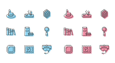 Set line Processor with CPU, Postal stamp, Man hat, Virtual reality glasses, Burger, Magnifying, Book and Gamepad icon. Vector
