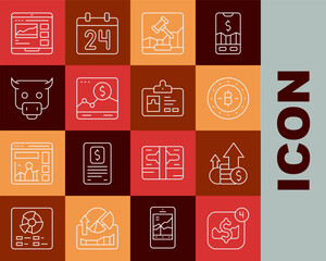 Set line Mobile stock trading, Financial growth and coin, Bitcoin, Online internet auction, Website with graph, Bull market, Trading courses and Identification badge icon. Vector