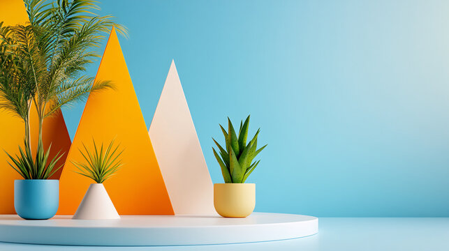 vibrant display of minimalist geometric shapes and potted plants creates fresh and modern atmosphere. colorful triangular forms orange, yellow, and cream contrast beautifully with blue background
