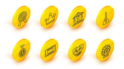 Set line Ferris wheel, Clown head, Circus ticket, Unicycle or one bicycle, Balalaika, Attraction carousel, Jester hat with bells and Target icon. Vector © Oksana