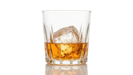 Clear whiskey glass on reflective surface with large ice cube, isolated on white background