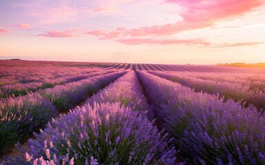 Obraz premium Endless Lavender Fields Under a Dreamlike Pink and Gold Sunset