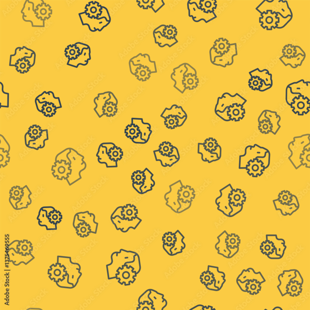 Poster blue line humanoid robot icon isolated seamless pattern on yellow background. artificial intelligenc