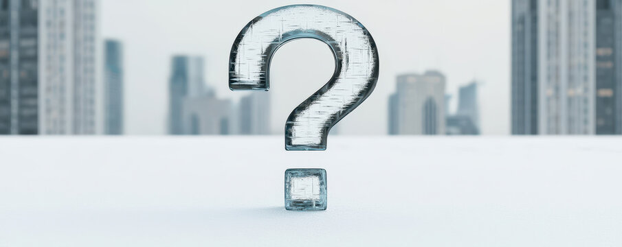 giant ice question mark stands in snowy urban landscape - Powered by Adobe