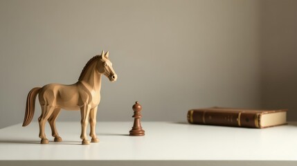 A wooden horse figurine stands proudly, a chess piece nearby, symbolizing strategy and quiet contemplation on a minimalist tabletop, a book rests subtly in the background.