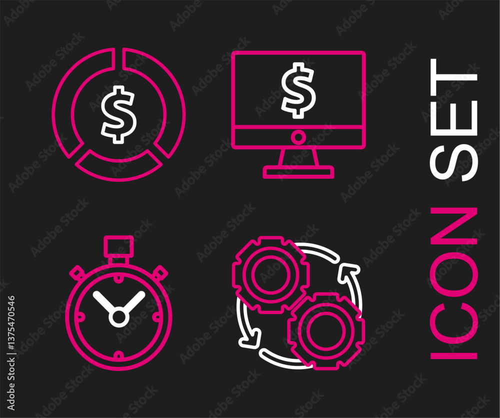 Poster set line gear and arrows as workflow process concept, stopwatch, computer monitor with dollar symbol
