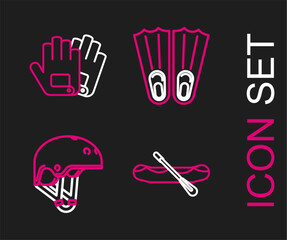 Set line Rafting boat, Helmet, Rubber flippers for swimming and Gloves icon. Vector