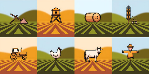 Farm scene icons stylized flat design