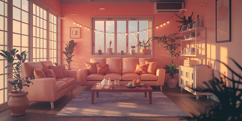 Warm inviting living room soft peach tones cozy aesthetic sunlit interior