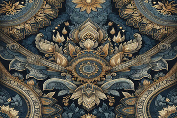 Dark blue,gold and white ethnic silk pattern, background image.