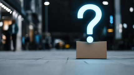 glowing question mark above box in dark urban setting