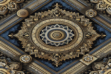 Dark blue,gold and white ethnic silk pattern, background image.