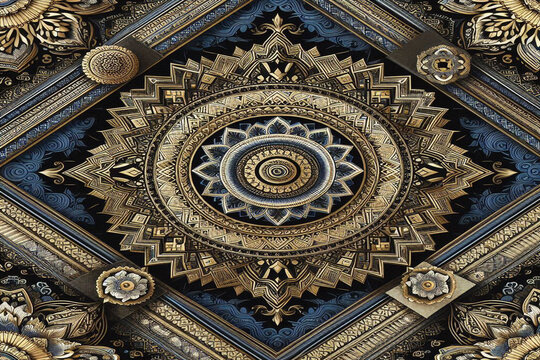 Dark blue,gold and white ethnic silk pattern, background image.