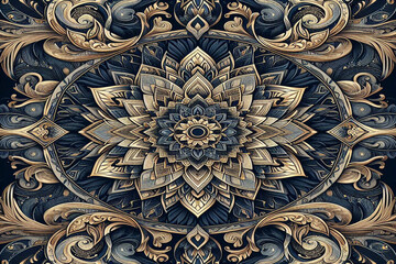 Dark blue,gold and white ethnic silk pattern, background image.