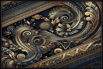 Dark blue,gold and white ethnic silk pattern, background image.