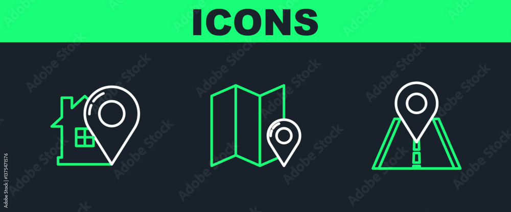 Poster set line road traffic sign, map pointer with house and folded map location marker icon. vector