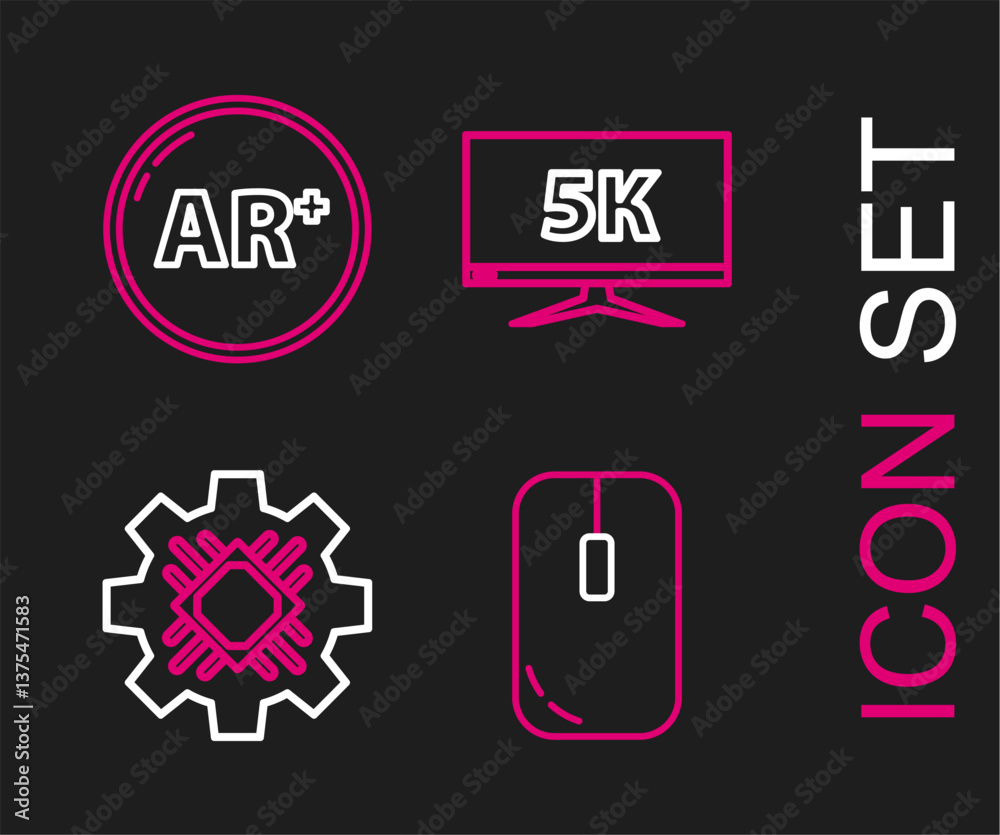Poster set line computer mouse, processor, monitor display with 5k video and ar, augmented reality icon. ve