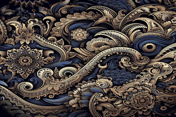 Dark blue,gold and white ethnic silk pattern, background image.