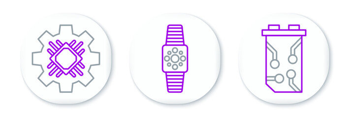 Set line Video graphic card, Processor and Smartwatch icon. Vector
