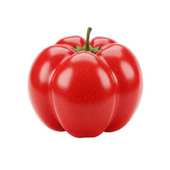 A single red tomato with a green stem isolated on a black background in a studio shot view close up