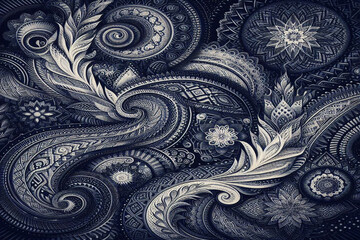 Dark blue and white ethnic silk pattern, background image.	
