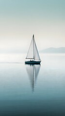 Fototapeta premium A peaceful scene of a small sailboat sailing on calm reflective waters with its white sail beautifully capturing the cinematic lighting