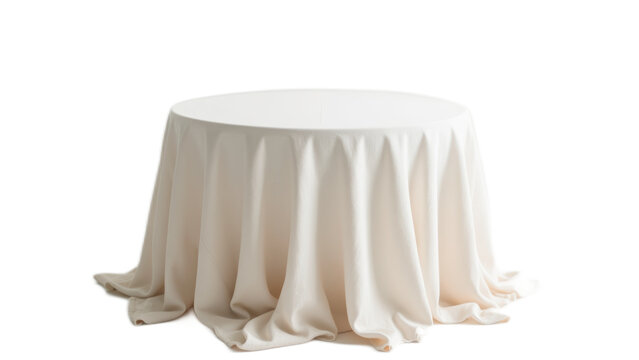 Elegant round table draped with white tablecloth for event decoration on a neutral background