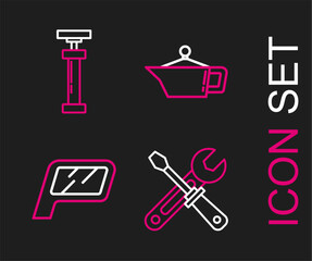 Set line Screwdriver and wrench tools, Car mirror, Canister for motor machine oil and icon. Vector
