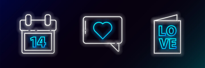 Set line Valentines day party flyer, Calendar with February 14 and Like and heart icon. Glowing neon. Vector