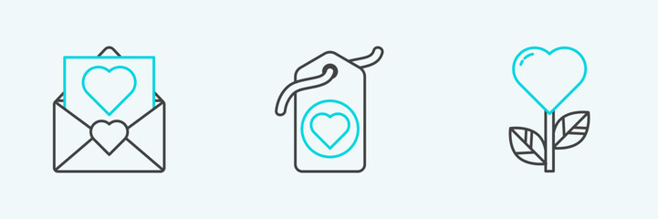 Set line Heart shape in a flower, Envelope with Valentine heart and tag icon. Vector