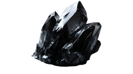 A close up shot of a cluster of dark shiny crystals against a stark black background in high definition