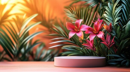 Tropical Paradise Pink Product Display Podium with Vibrant Flowers and Lush Greenery