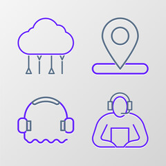 Set line Student, Headphones, Location and Network cloud connection icon. Vector