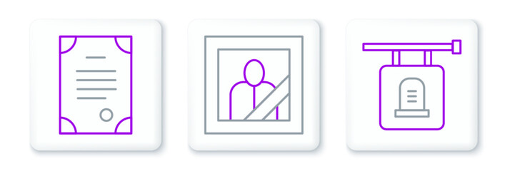 Obraz premium Set line Signboard tombstone, Death certificate and Mourning photo frame icon. Vector