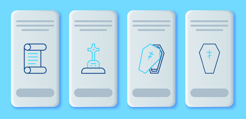 Set line Grave with cross, Coffin, Decree, parchment, scroll and icon. Vector
