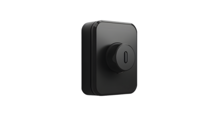 A close up of a matte black smart lock with a keyhole on a black background in a studio setting
