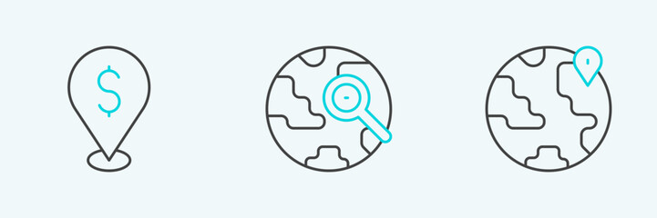 Set line Location on the globe, Cash location and Magnifying glass with icon. Vector