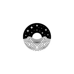 Celestial Landscape Logo: Stars Over Ocean, Minimalist Design